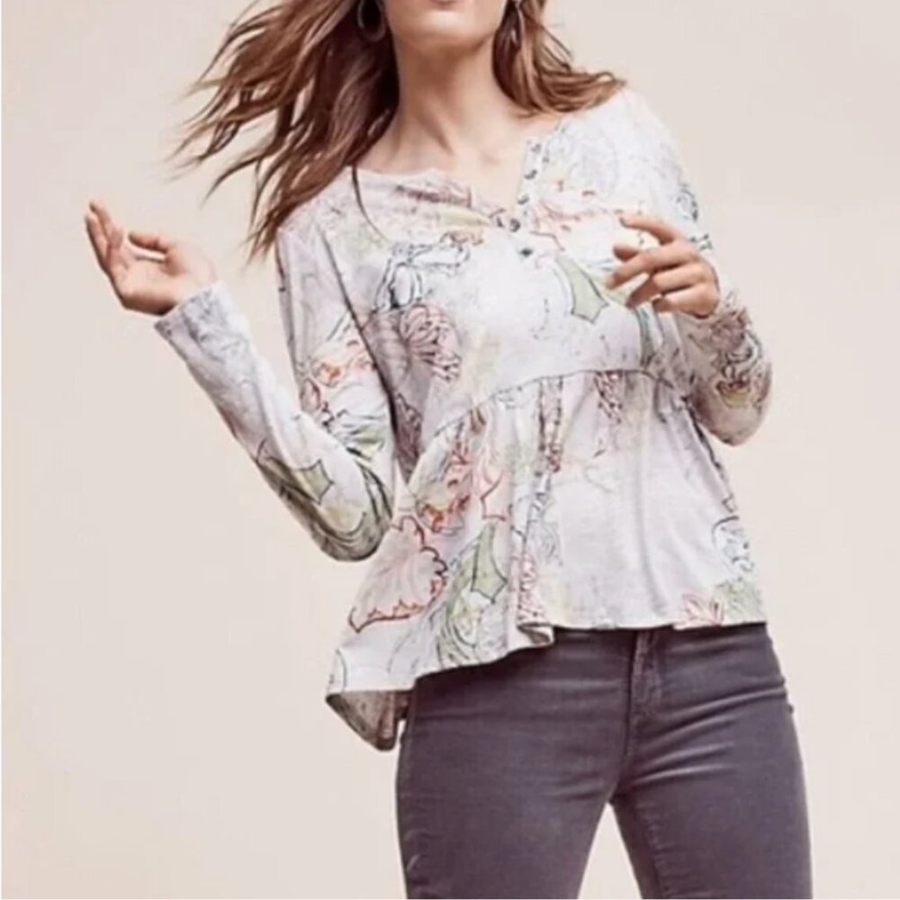 Anthropologie Meadow Rue gray floral babydoll long sleeve tee S